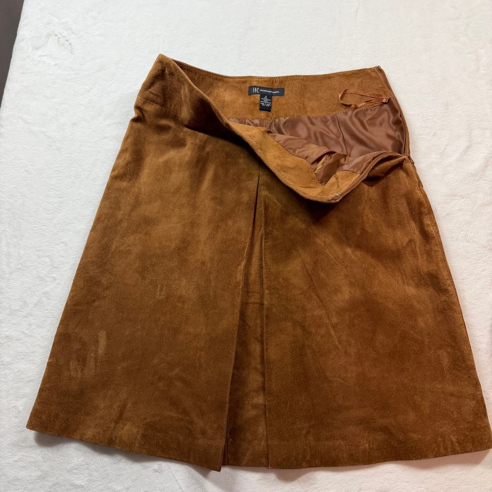 INC International Concepts Suede Skirt Womens 6‎ Tan Good A-Line Pleated Midi - Picture 5 of 7
